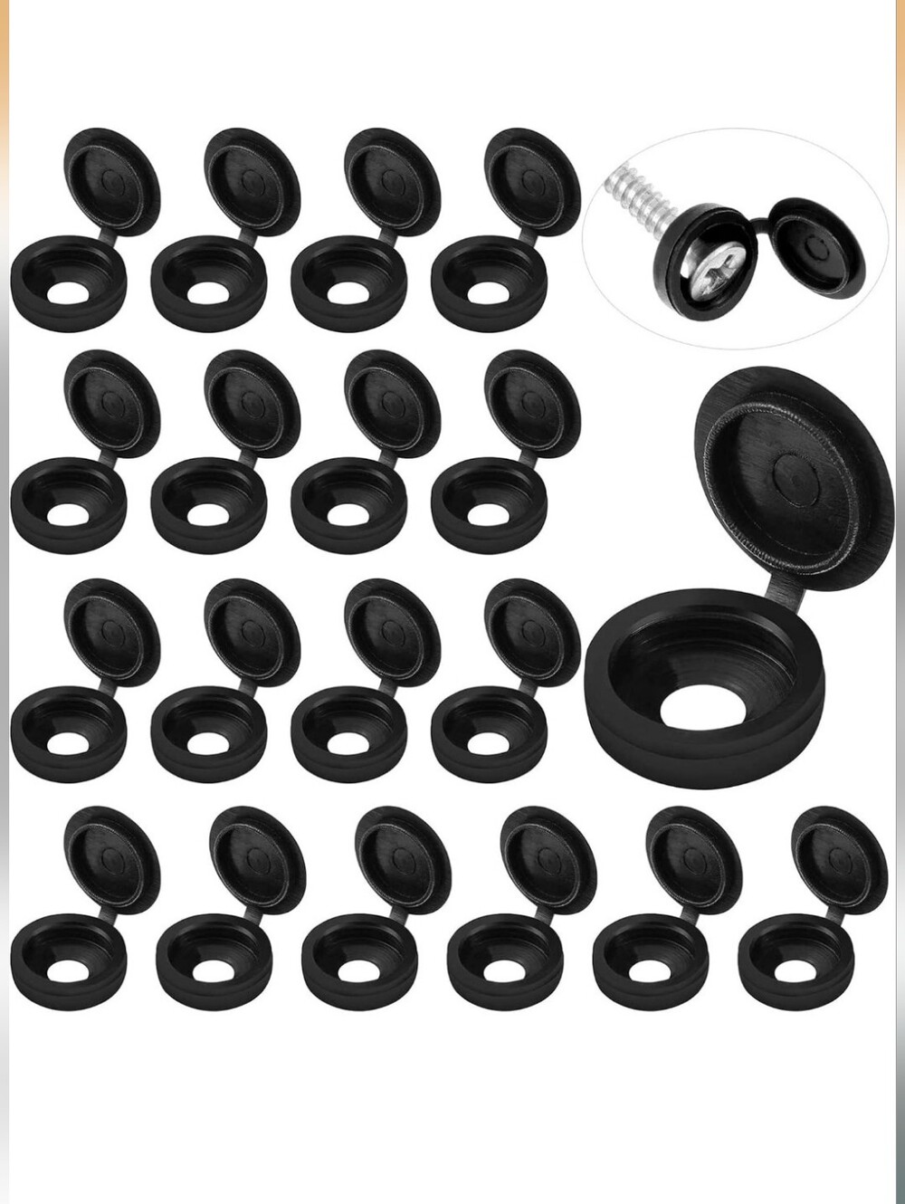 50 Pcs Hinged Screw Caps Snap Covers, Washer. Large, Black